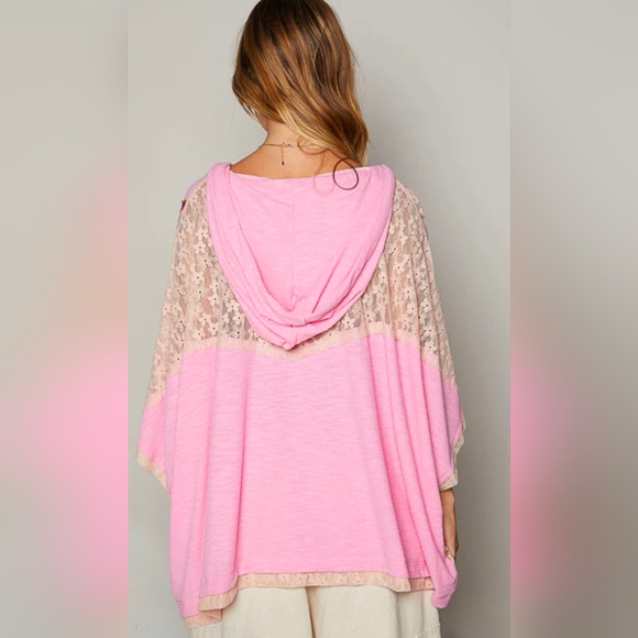 POL Pink Lace Patchwork Peace Sign Kimono Hoodie Top Oversized Boho Chic NWOT - Picture 3 of 9